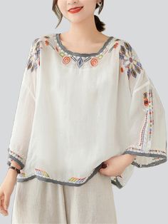 Description Product ID: TP2033523 Material: Cotton, Linen Pattern: Embroidered Sleeve: Half Sleeve Closure Type: Pullover Season: Summer Style: Ethnic Occasion: Daily, Dating, Gifts Package included: 1 * Shirt Size Chart(Asian Size): Please allow 1-3 cm measured error. Size Length Chest M 60cm | 23.6 in 118cm | 46.5 in L 61cm | 24.0 in 122cm | 48.0 in XL 62cm | 24.4 in 126cm | 49.6 in XXL 63cm | 24.8 in 130cm | 51.2 in Bohemian Crew Neck Blouse With Floral Embroidery, Casual Multicolor Tops With Embroidered Sleeves, White Bohemian Crew Neck Top, Summer Tunic Top With Embroidered Sleeves, Bohemian Long Sleeve Tops With Geometric Embroidery, Casual Long Sleeve Blouse With Embroidered Border, Multicolor Long Sleeve Top With Embroidered Hem, White Bohemian Crew Neck Shirt, White Bohemian Shirt With Crew Neck