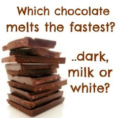 a stack of chocolate bars with the words which chocolate melts the fastest? dark, milk or white?