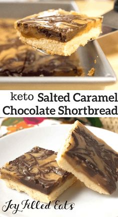 keto salted caramel chocolate shortbread bars on a white plate with text overlay