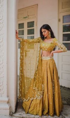 Mustard Lehenga Choli. Slides Outfit, Ritu Kumar, Dress Indian Style