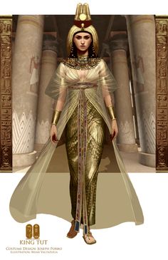 an egyptian woman dressed in gold and white