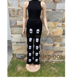 SKULL PANTS ARE HERE!! ️Crochet Skull Pants for Adults, Women, Men, Unisex Handmade Crochet Skull Pant & Top, Crochet Skull Trousers, Handmade, Crocheted Granny Square Pants, Hand knitted Dark Academia Pant, Clothes ☠️ These skull pants & Tops are comfy and stylish to wear any time you want 💀 ⚫PLEASE, CHECK THE SIZE GUIDE AT PHOTOS TO BE SURE ABOUT YOUR SIZE ⚪IF YOU NEED HELP, YOU CAN REACH OUT ME VIA ETSY MESSAGING ANYTIME ⚫Additionally, you can share your personal measurements to get better f Fitted Crochet Casual Bottoms, Fitted Casual Crochet Bottoms, Crochet Skull Pants, Skull Pant, Granny Square Pants, Dark Academia Pants, Unisex Crochet, Skull Pants, Pant Top