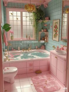 a bathroom with pink and blue walls, white tile flooring and an open bathtub