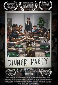 a movie poster for dinner party with people sitting around a table and plates on the table