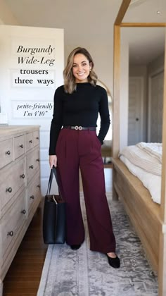 Burgundy Trousers Outfit, Maroon Outfits, Burgundy Pants Outfit, Dark Winter Color Palette, Wide Leg Trousers Outfit, Burgundy Trousers, Wide Leg Pants Outfit, Burgundy Pants, Look Formal