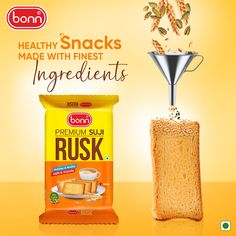 an advertisement for bread with the words, healthy snacks made with finest ingredients is shown