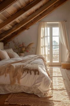 a bed sitting under a window in a bedroom next to a wooden floor and ceiling