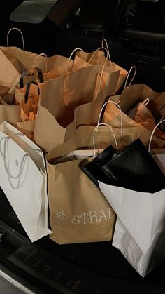 several brown paper bags sitting on the hood of a car