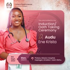 a woman with a stethoscope standing in front of a pink sign that says induction / oath taking ceremony