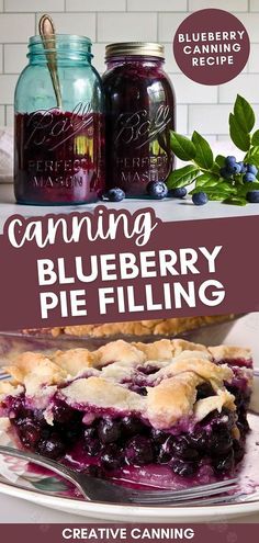 a blueberry pie sitting on top of a plate next to two jars filled with blueberries