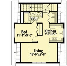 the floor plan for a small house with two bedroom and an attached kitchen area is shown