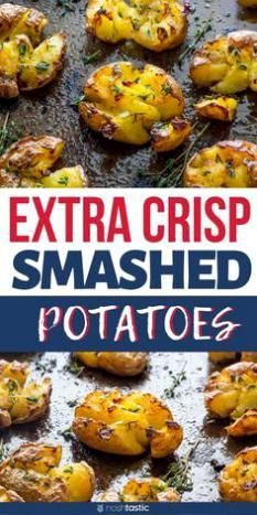 an image of baked potatoes with the title text overlaying extra crisp smashed potatoes