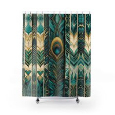 an abstract shower curtain with peacock feathers and green leaves on the outside, against a white background