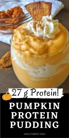 pumpkin protein pudding with whipped cream and cinnamon on top