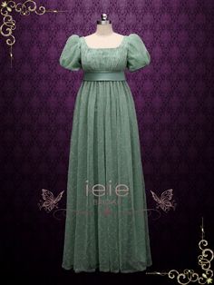 Green Regency Style Empire Dress with Floral Lace JOANNE – ieie 1800s Dresses, Regency Gown, Regency Era Fashion, Regency Dress, Regency Fashion, Empire Waist Dress, Empire Dress, Historical Dresses, Dress Purchase