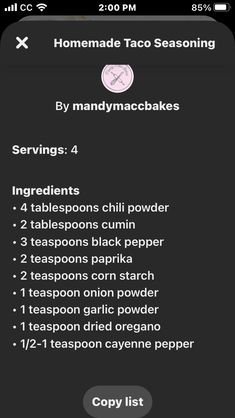 an iphone screen showing the instructions for how to make taco seasoning and servings