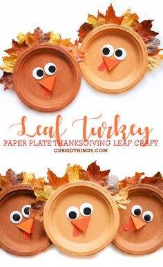 paper plate thanksgiving leaf crafts for kids with turkey faces and leaves on the sides,