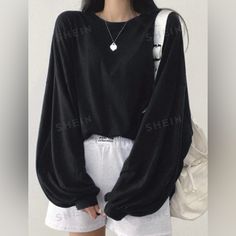 Dazy Solid Drop Shoulder Oversized Tee Size S (0) Black Baggy Long Sleeve Tops, Black Baggy Tops For Spring, Baggy Black Long Sleeve Top, Baggy Long Sleeve Black Top, Black Casual Baggy Tops, Baggy Black Casual Tops, Casual Black Baggy Tops, Baggy Black Crew Neck Top, Oversized Black Drop Shoulder Top