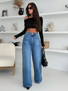 Mid Waist Wash Detailed Wide Leg Jean Medium Wash Casual   Denim Plain Straight Leg Non-Stretch  Women Clothing, size features are:Bust: ,Length: ,Sleeve Length: High Waisted Flare Jeans Outfit, Flare Jeans Outfit, High Waisted Flare Jeans, Jean Bleu, Women's Shapewear, Girls Denim, Inspiration Mode, Casual Denim, Print Pullover