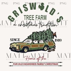 an old car with christmas trees on the hood and lettering that says, merry christmas