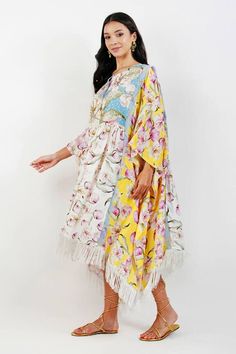 Multicolor panelled kaftan with floral print, embroidered yoke and lace embellishment. Paired with slip. - Aza Fashions Multicolor Kaftan With Floral Embroidery And Kimono Sleeves, Multicolor Spring Kaftan With Back Tassel Tie-up, Spring Patchwork Kaftan, Bohemian Multicolor Kaftan With Floral Embroidery, Spring Multicolor Kaftan With Tassels, Multicolor Floral Tunic Kaftan, Multicolor Tunic Kaftan With Floral Embroidery, Multicolor Floral Print Tunic Kaftan, Spring Kaftan With Tassels And Kimono Sleeves