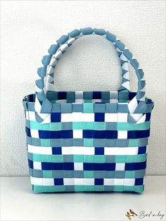 BirdinBag - Compact Woven Checkered Handbag Blue Square School Bag, Light Blue Square Bag For Daily Use, Blue Square Shoulder Bag For School, Light Blue Rectangular Bag, Blue Rectangular Bag For School, Blue Rectangular School Bag, Rectangular Blue School Bag, Blue Square Shopping Bag, Blue Square Bag For Beach