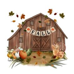 a watercolor painting of a barn with fall decorations