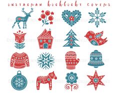 an image of christmas decorations and ornaments in red, white and blue colors on a white background