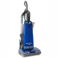 a blue and silver vacuum cleaner on a white background with the words good hepa written below it