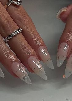 Milky White Chrome Tips Gel Nail Designs Metallic, Subtle Bling Nails, Oval Aura Nails, Gothic Almond Nails, Medium Stilleto Nails, Aesthetic Almond Nails, Baddie Almond Nails, Star Nails Acrylic, Korean Glass Nails