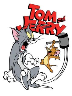 the tom and jerry logo is shown with two cats in front of an angry mouse