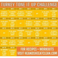 the turkey tone it up challenge is shown in yellow and orange with instructions for how to use