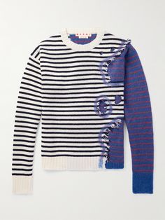 Marni Creative Director Francesco Risso takes a creative, eclectic approach to design, which often results in pieces with a unique DIY feel. This wool sweater, for example, is distressed and patched up to look as if two striped styles have been mended into one. Brushed Mohair, Distressed Sweaters, Jacquard Sweater, Wool Turtleneck, Knitwear Men, Unique Diy, Wool Sweater, Wool Sweaters, Stripes Pattern