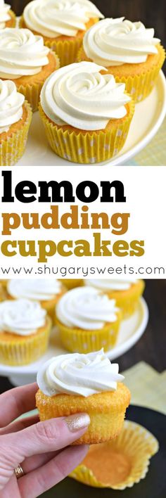 lemon pudding cupcakes with white frosting are on a plate and in the background there is a hand holding one