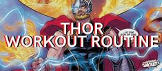 the cover to thor workout routine, with an image of thor and lightning in the background