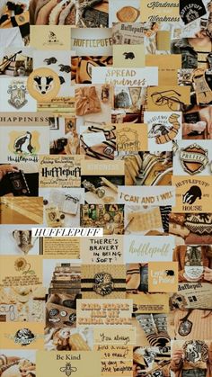 a collage of pictures with different types of words and images on them, all in gold