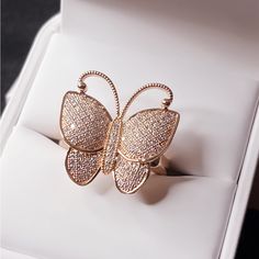 925 Silver Ring With Butterfly Design Plated In 14 Kt Rose Gold Size 7-8 Available With Zircon Stones Ring Designs Gold, S Ring, Jewelry Accessories Ideas, Butterfly Ring, Accessories Ideas, Ring Color, 925 Silver Ring, Butterfly Design, 925 Silver Rings