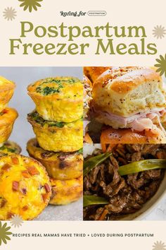 the cover of cooking for postpartum freezer meals, with an image of sandwiches and muffins