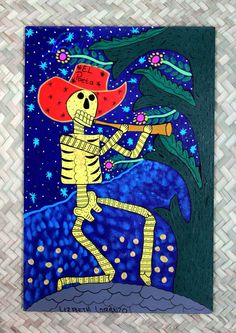 a painting of a skeleton with a mexican hat on holding a baseball bat in his hand