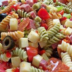 pasta salad with olives, tomatoes, and ham