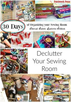 the cover of an article about fabric bins for storage and sewing supplies with text overlay that reads 30 days of organizing your sewing room