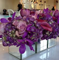 purple flowers and greenery are arranged in square vases on a table at an event