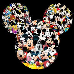 many mickey mouses are grouped together in the shape of a heart on a black background