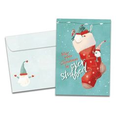 two christmas cards with santa stockings and gnomes on them, one has an envelope