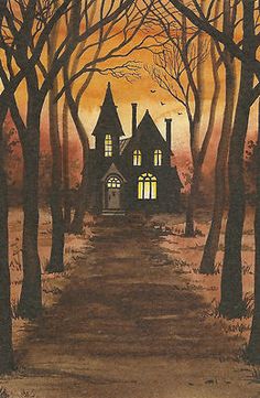 a drawing of a house in the woods with trees on either side and an orange sky behind it