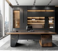 an office with black walls and wooden desks in front of a large window overlooking the city