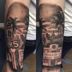 a man's arm with a palm tree and street sign tattoo on the forearm