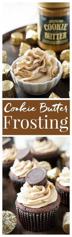 chocolate cupcakes with frosting and cookies in the background text reads cookie butter frosting