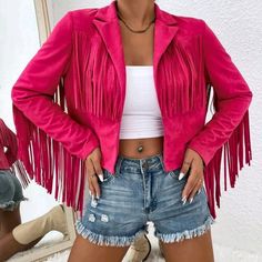 Hot Pink Fringe Trim Open Front Jacket 100% Polyester Cowgirl Wedding Outfit, Cowgirl Wedding Outfit Guest, Pink Fringe Jacket, Bride Lingerie, Boho Jacket, Western Jacket, Open Front Jacket, Elegante Casual, Suede Tassel