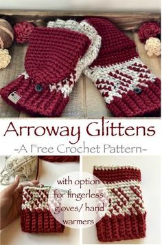 crocheted mittens and gloves with text that reads, arrowy glitenss